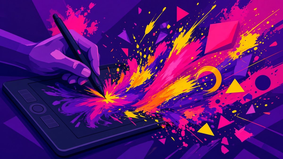 Mão desenhando em tablet com respingos de cor